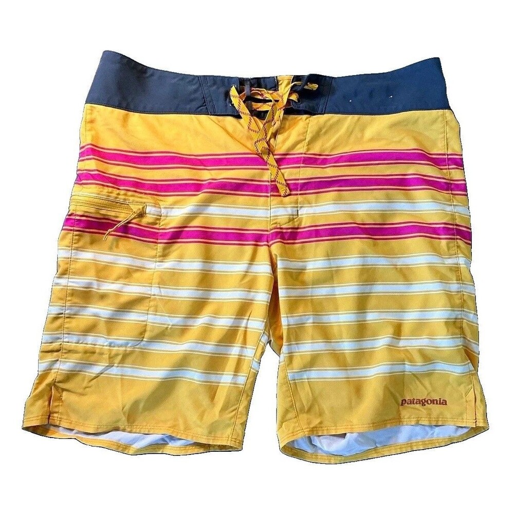 Patagonia Orange Striped Men’s Board Shorts Size 32 Drawstring Pockets Planing